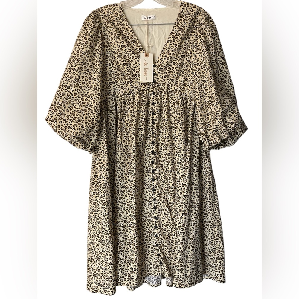 NWT: IN LOOM Leopard Print Button-up Dress with Puff Sleeves Size Medium